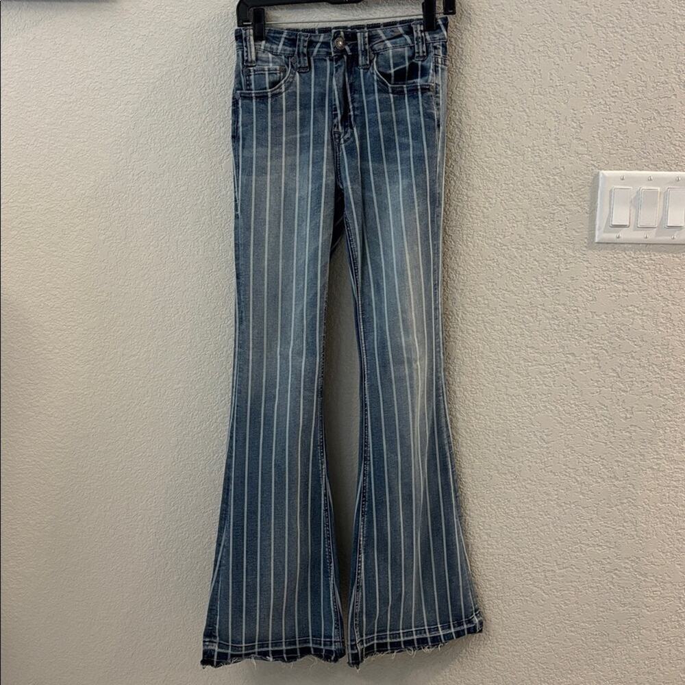 Rock & Roll Cowgirl High Rise Stretch Striped Flared Denim Raw Hem Jeans Size 24